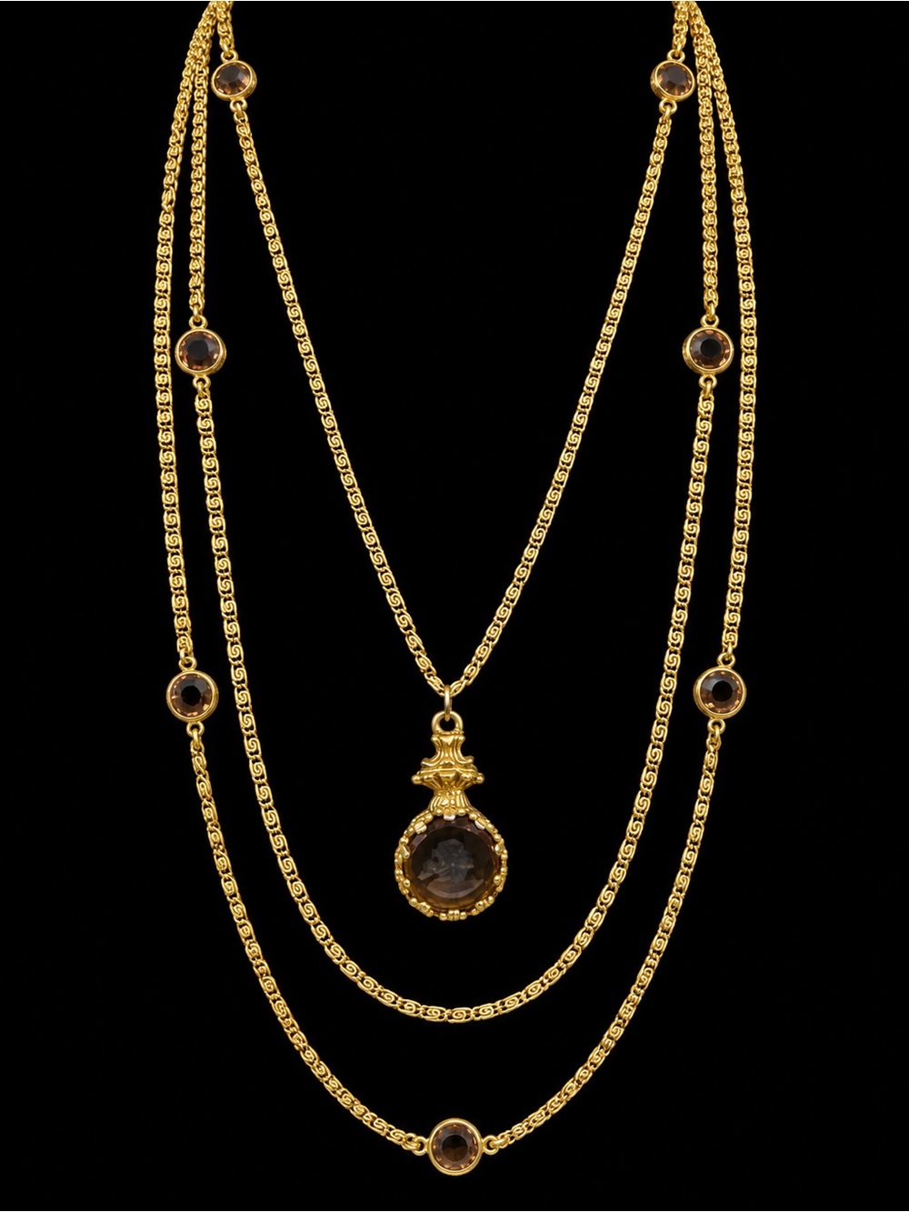 Gold-Tone Layered Necklace with Smoky Brown Gem Accents